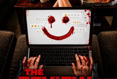 Poster for THE REVIEW featuring blood-covered hands typing on a laptop displaying a bloody red smiley face made from online review ratings, with pizza and a coffee mug in the background. Official Selection, Screamfest Horror Film Festival 2026.