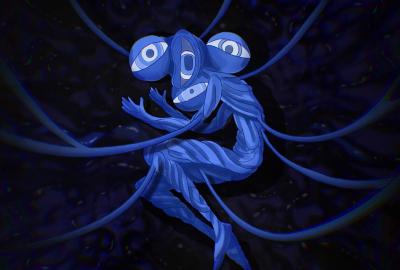 Still from White Box showing a creature curled inward, fed by winding tubes in a dark, organic chamber.